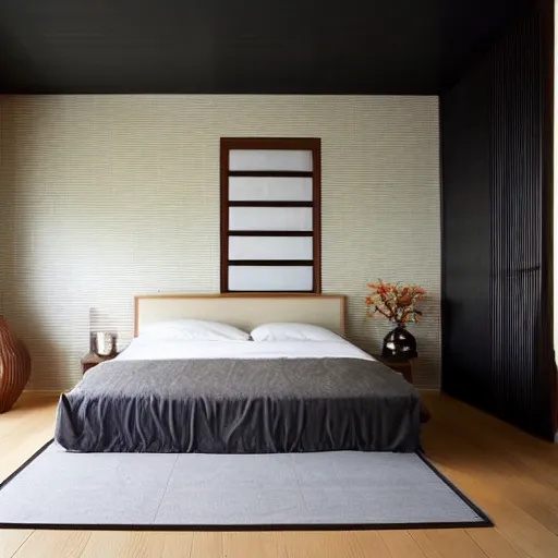 Image similar to bedroom, stone, interior design, stylish luxury hotel bedroom design, yakisugi, black vertical slatted timber, textures, feminine, black walls, art, Japanese pottery vase with flowers, kakejiku, seasonal, Japanese influences