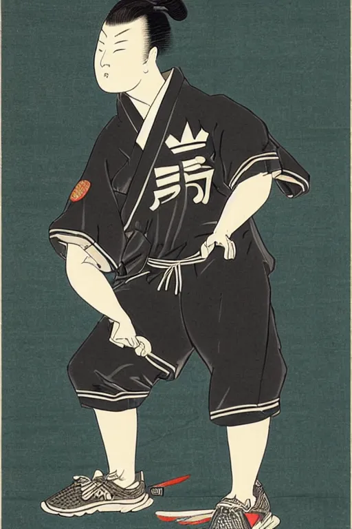 Image similar to Ukiyo-e art of squatting man in black Adidas tracksuit