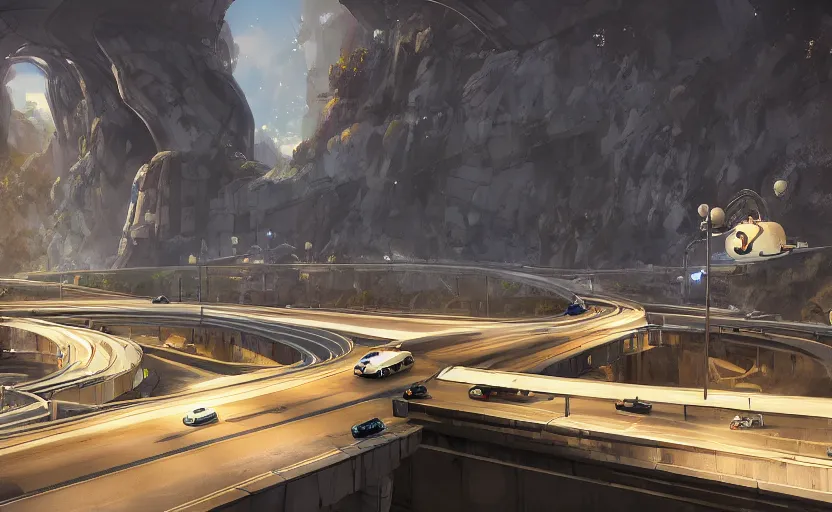 Prompt: A highway interchange above a white marble cathedral, portal 2 screenshot, satisfactory screenshot, outer wilds screenshot, digital art, artstationhq, Jordan Grimmer and Victor Mosquera