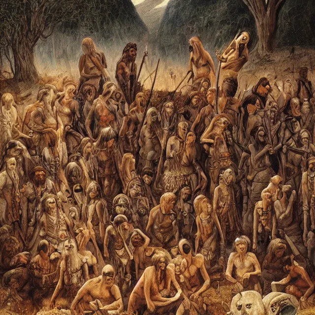 Prompt: a painting of a stone age funeral by johfra bosschart, dark fantasy art, high detail, trending on artstation