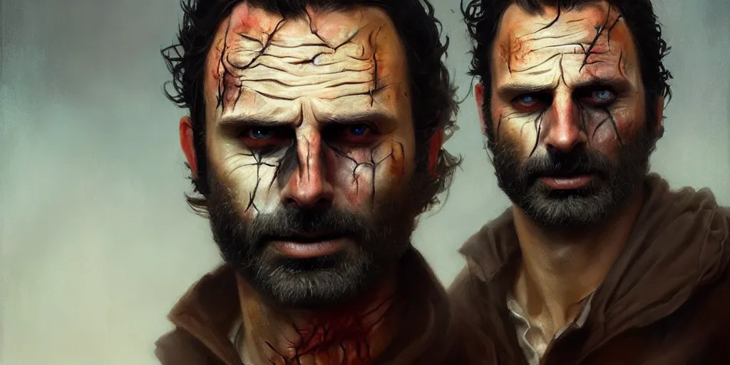 Image similar to portrait of rick grimes with halloween makeup,, extremely detailed digital painting, in the style of fenghua zhong and ruan jia and jeremy lipking and peter mohrbacher, mystical colors, rim light, beautiful lighting, 8 k, stunning scene, raytracing, octane, trending on artstation