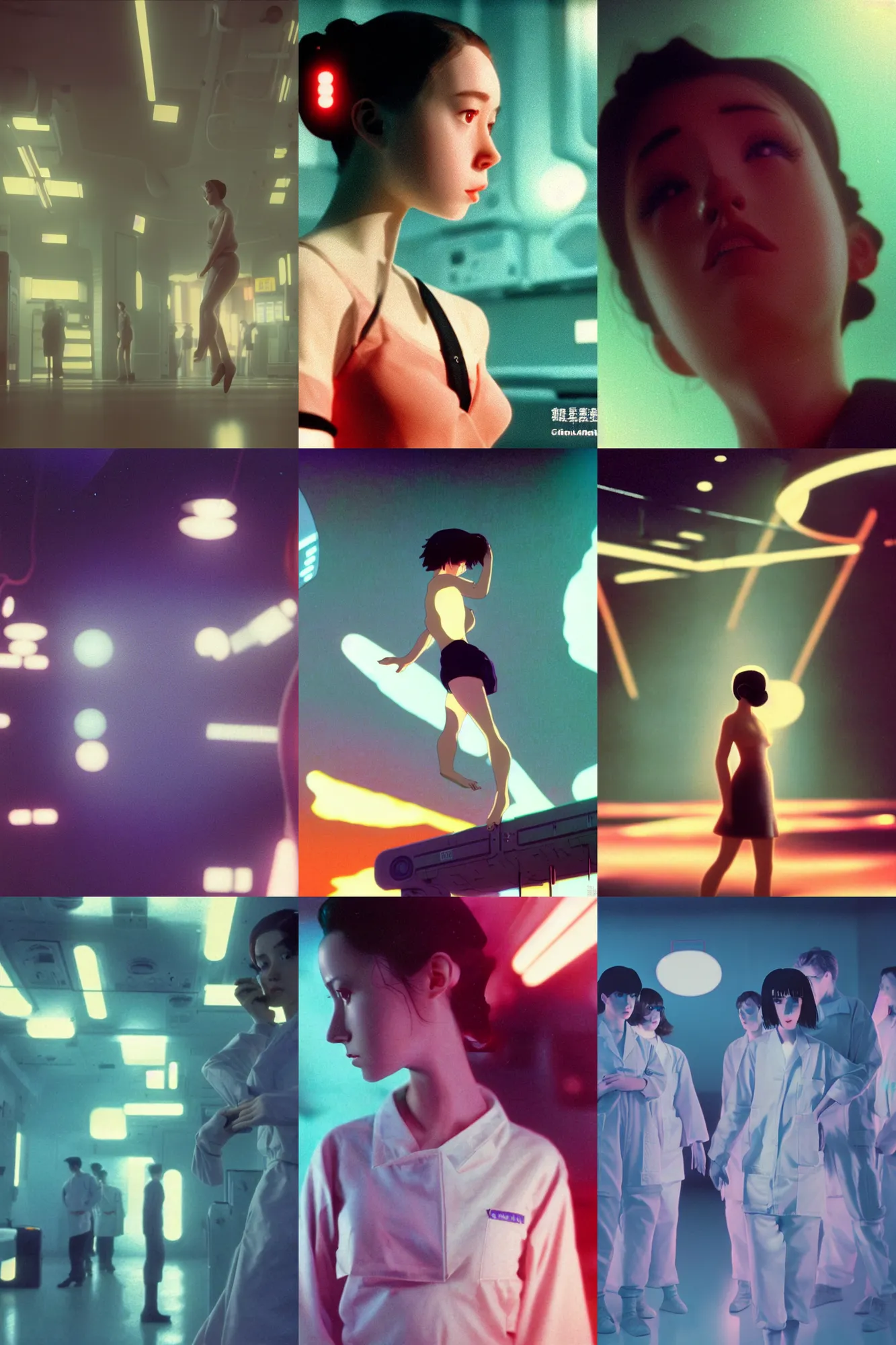 Prompt: Cinestill 50d, 8K, 35mm,J.J Abrams flare; beautiful ultra realistic vaporwave minimalistic pointé posed seinen manga Studio Ghibli in space(1950) film still medical lab dance scene, 2000s frontiers in blade runner retrofuturism fashion magazine September hyperrealism holly herndon edition, highly detailed, extreme closeup three-quarter pointé posed model portrait, tilt shift zaha hadid background, three point perspective: focus on anti-g flight suit;pointé pose;open mouth,terrified, eye contact, soft lighting