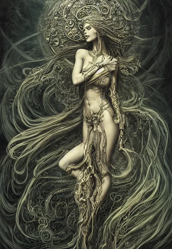 Image similar to full body front view of a beautiful biomechanical moon goddess, flowing hair, intense stare, sweet smile, concept art, intricate detail, volumetric shadows and lighting, psychedelic colors, realistic oil painting by gustave dore,