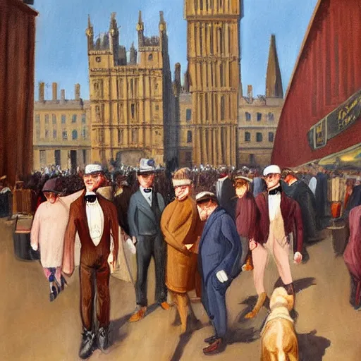 Prompt: a painting in the style of Cassius Marcellus Coolidge, 1920s london, everyone is wearing suits, dog people, everybody has a dog head, bustling city, old cars, english architecture, light-hearted style, oil painting, marleybone, aesthetic, brown-ish color pallete