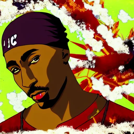 Image similar to Tupac Shakur, screenshot from a 2012s anime