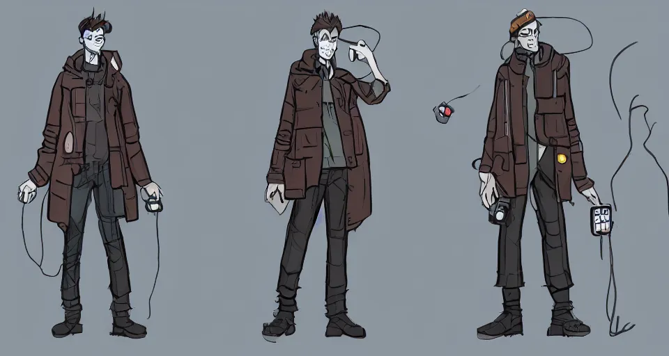 Image similar to concept art of a lean and lanky man that has a radio for a head and wears a cyberpunk coat, concept art, turnaround world building, character design