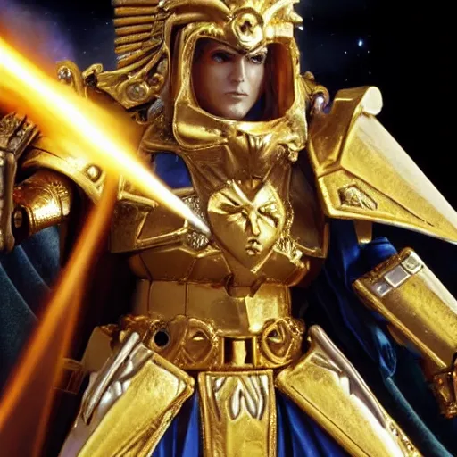 Image similar to The emperor of mankind in golden armor, with long black hair, holds a plasma sword. On the background of the battle on the planet. Futuristic style, super detail.