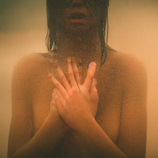 Prompt: a blurry closeup picture of woman's skin gripped tightly, female bodies, hands, dripping wet, no face, macro photography, long exposure photograph, surrealism, anamorphic bokeh, cozy, soft light, cyan and orange, caustic, atmospheric fog, octane render, cinematic