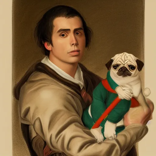 Image similar to self portrait, young white hispanic handsome man with short light brown hair and light skin and a 5 o clock shadow, holding a pug for a picture, fighting against 2 swordsmen pencil art, added detail, high definiton, colored, backfacing, illustrated by raphael