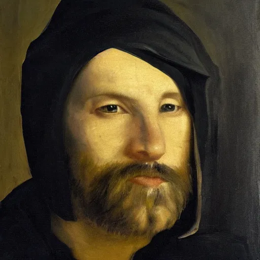 Prompt: a portrait of a man wearing black hood and robes, shadows covering face, ominous, dark, oil painting