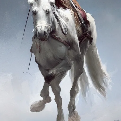 Image similar to a white horse The one who rode him carried arrows and a bow in his hand, and they gave him a crown, digital Art, Greg rutkowski Trending artstation