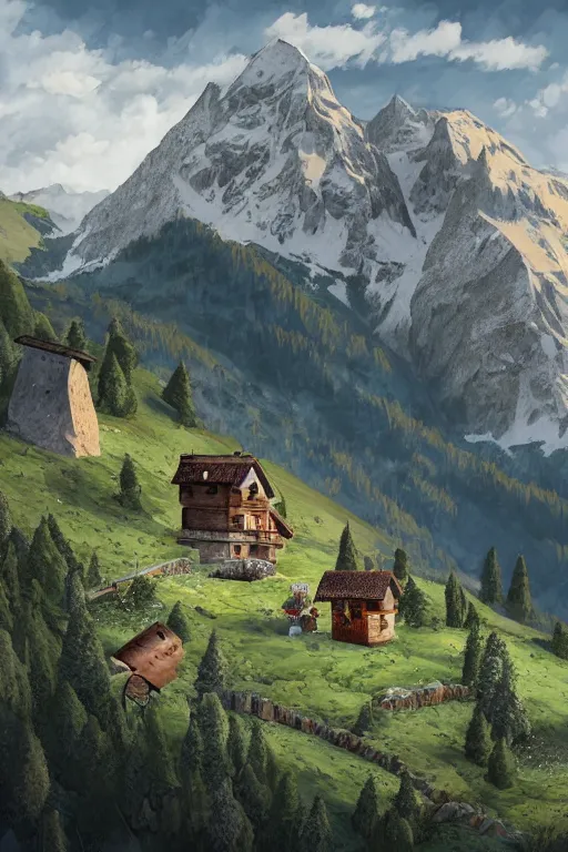 Image similar to an Alm in the Alps in the style of Heidi the cartoon, cartoon, intricate Details, concept art, matte painting, highly detailed, rule of thirds, dynamic lighting, cinematic, detailed, denoised, centerd, clean render