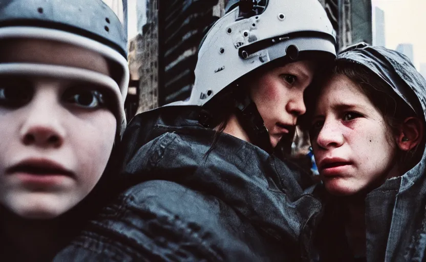 Image similar to cinestill 5 0 d photographic portrait by helen levitt of a white and mixed female android adult couple wearing rugged black techwear in a brilliant cyberpunk city, extreme closeup, modern cyberpunk, dust storm, 8 k, hd, high resolution, 3 5 mm, f / 3 2, ultra realistic faces, intricate detail, ex machina
