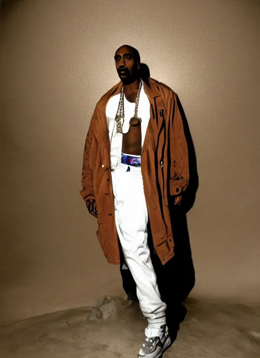 Prompt: an official aesthetic 8 k futuristic clothing advertisement photograph of tupac shakur posing shirtless on mars wearing a huge torn up light brownish coat and y 2 k white pants, studio lighting