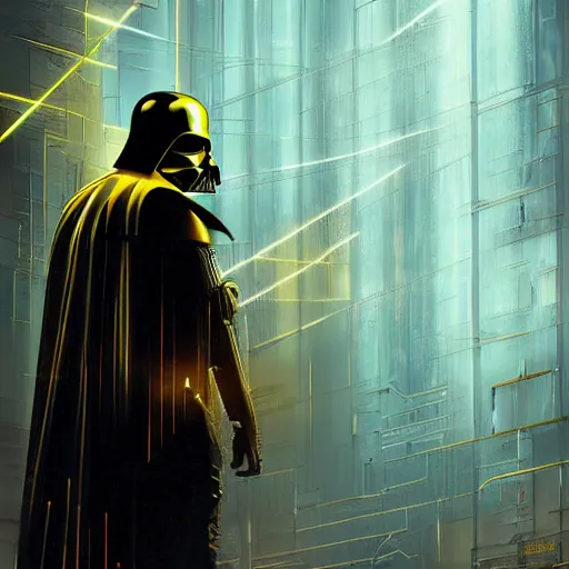 Prompt: gold bordered mural of a futuristic darth vader, hyper realistic, cyberpunk, nightcore, 4 k, highly detailed, beautifully rendered