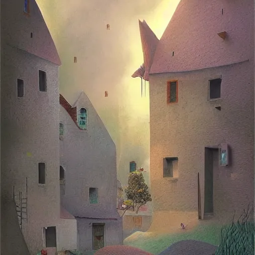 Image similar to scene from a dream. village. digital artwork by vincent bons, michael whelan, remedios varo and gerardo dottori. grainy and rough. interesting pastel colour palette. beautiful light. oil and water colour based on high quality render.