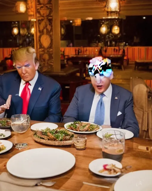 Image similar to Trump and Biden having dinner at a fancy Balinese restaurant, award winning photography, 85mm, perfect faces