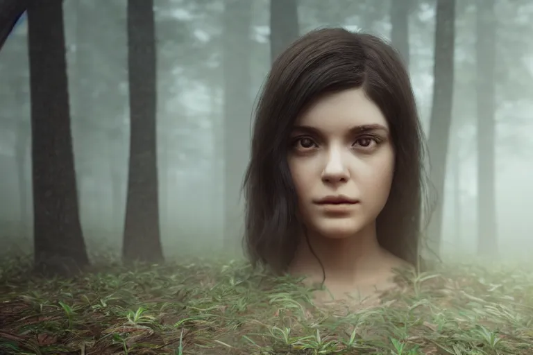 Image similar to a cinematic shot of a young woman with dark hair holds a baby in a dark, foggy forest, octane render, nvidia raytracing demo, closeup, masterpiece