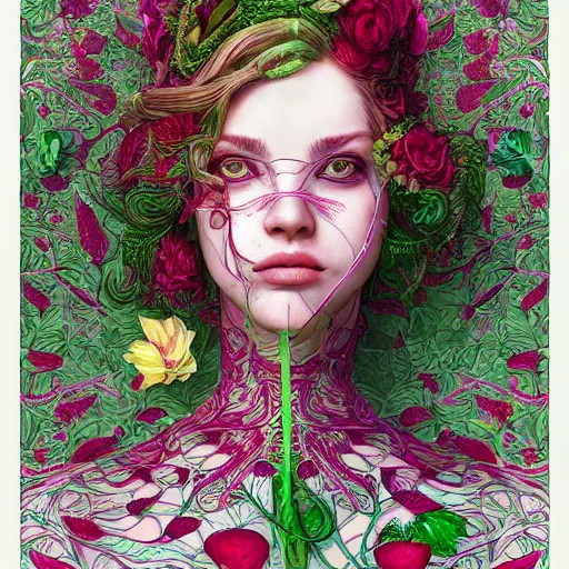 Image similar to the portrait of an absurdly beautiful, graceful, elegant, curvy woman made of strawberries and green petals, an ultrafine hyperdetailed illustration by kim jung gi, irakli nadar, intricate linework, bright colors, octopath traveler, final fantasy, angular, unreal engine 5 highly rendered, global illumination, radiant light, detailed and intricate environment