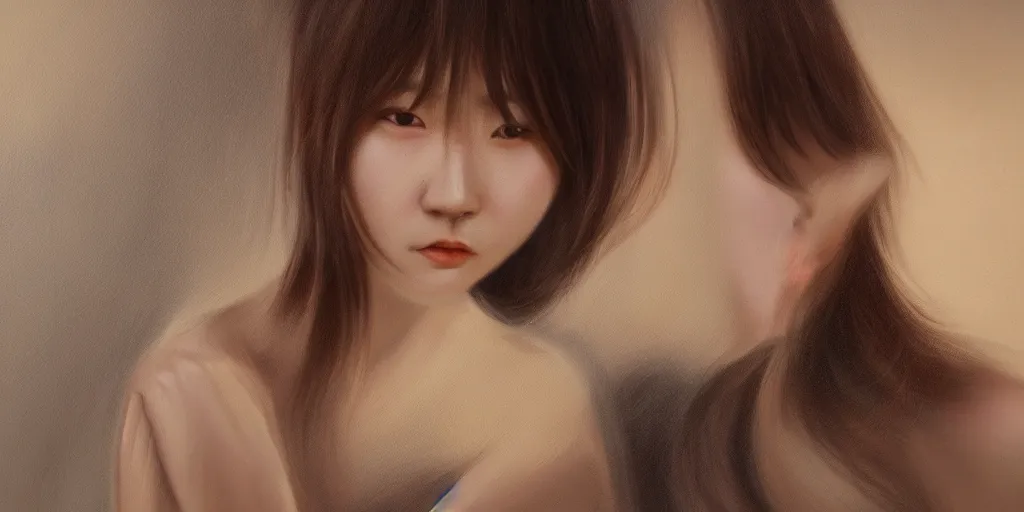 Image similar to cute Japanese girl with brown hair and high cheekbones, cinematic lighting, detailed oil painting, hyperrealistic, 8k