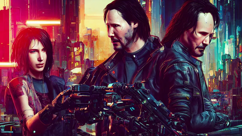 Prompt: a cyberpunk 2077 srcreenshot couple portrait of one Keanu Reeves and two hot female androids,love,film lighting,by Laurie Greasley,Lawrence Alma-Tadema,Dan Mumford,John Wick,Speed,Replicas,artstation,deviantart,FAN ART,full of color,Digital painting,face enhance,highly detailed,8K,octane,golden ratio,cinematic lighting