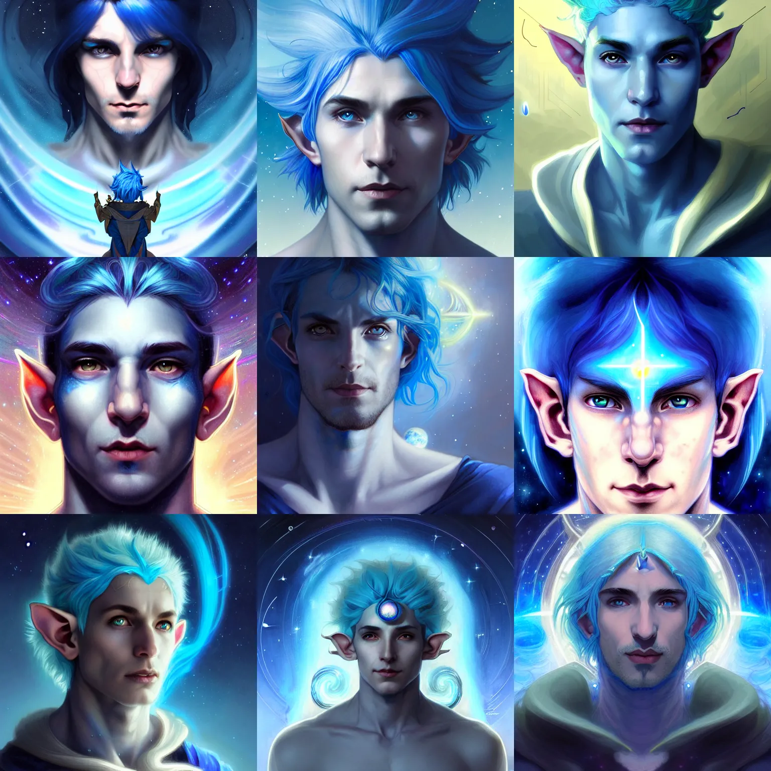Prompt: portrait of a beautiful blue haired elf man with open third eye spiritual art, third eye, handsome sci - fi face, space background, breathtaking stars, elegant, highly detailed, digital painting, artstation, concept art, smooth, sharp focus, illustration, art by artgerm and greg rutkowski and alphonse mucha