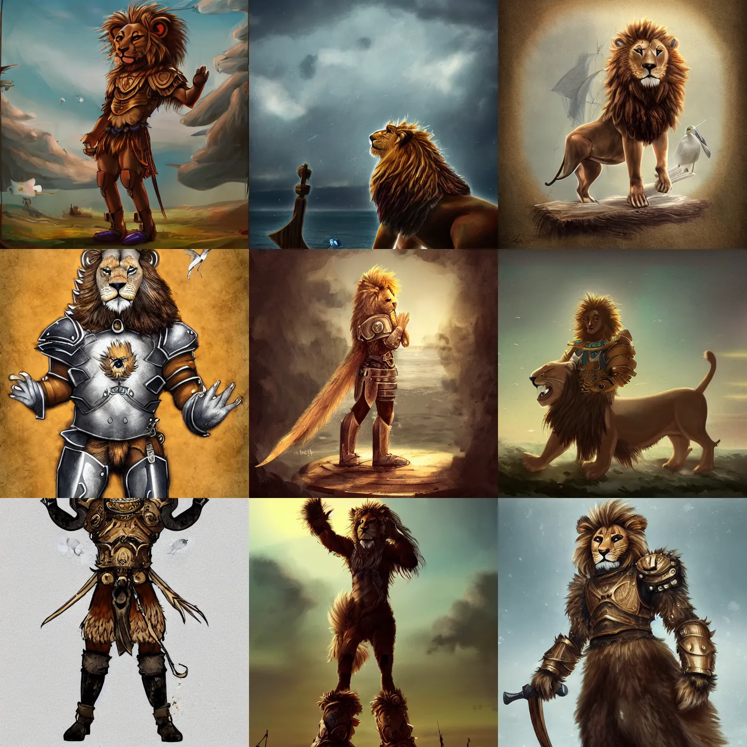 Prompt: a lion human furry wearing a paladin armor standing on the bow of a wood ship crying while waving his hands to a seagull in the background, digital art mixed media, trending on Artstation