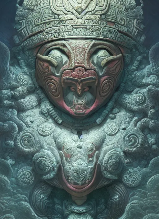 Image similar to Helmet of a forgotten Mayan Deity, ivory, corals, extremly detailed digital painting, in the style of Tomasz Alen Kopera and Fenghua Zhong and jeremy lipking and Peter Mohrbacher, mystical colors, rim light, beautiful lighting, 8k, stunning scene, raytracing, octane, trending on artstation