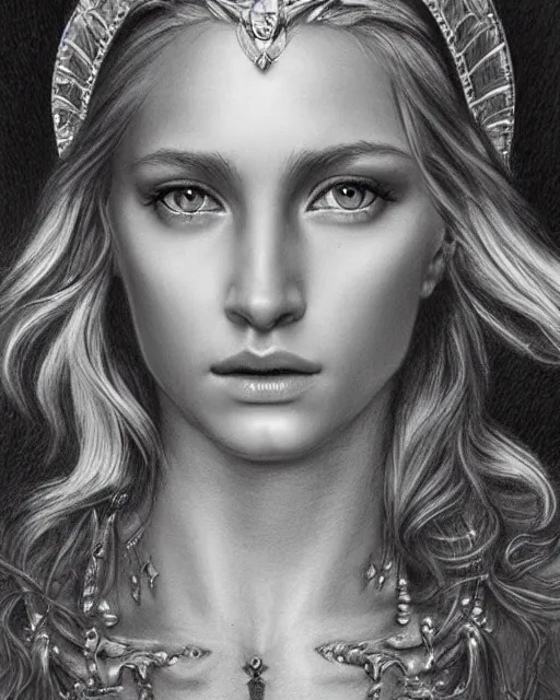 Image similar to pencil drawing of a beautiful greek goddess aphrodite with arrowhead jewelry, beautiful piercing eyes, beautiful blonde hair, hyper realistic face, in the style of greg rutkowski, fantasy, amazing detail, epic, elegant, smooth, sharp focus, from the front