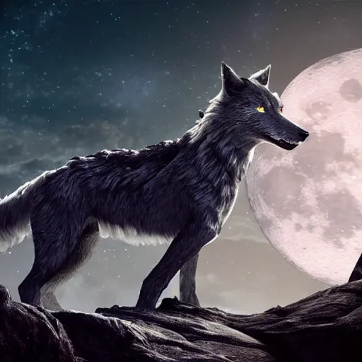 Prompt: David Bowie aka Ziggie Stardust, riding a giant silver wolf, while the wolf is on a giant boulder, with a massive moon in the background at night; Unreal Engine Render; 16k high quality; 16:9 ratio; cinematography