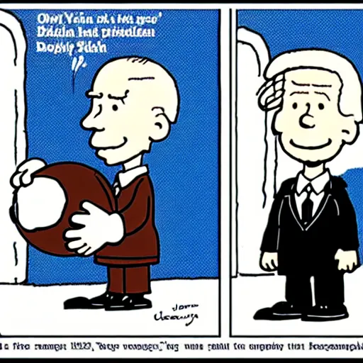 Image similar to a cartoon of joe biden pulling away the nuclear football before trump can kick it, cartoon in the style of peanuts by charles schulz