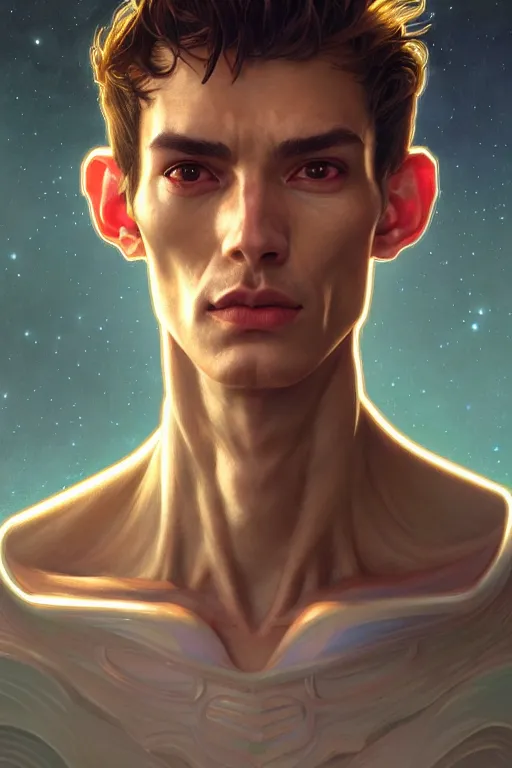 Prompt: clear portrait of a alien attractive men, cottagecore!!, background hyper detailed, character concept, full body, dynamic pose, glowing lights!! intricate, elegant, highly detailed, digital painting, artstation, concept art, smooth, sharp focus, illustration, art by artgerm and greg rutkowski and alphonse mucha