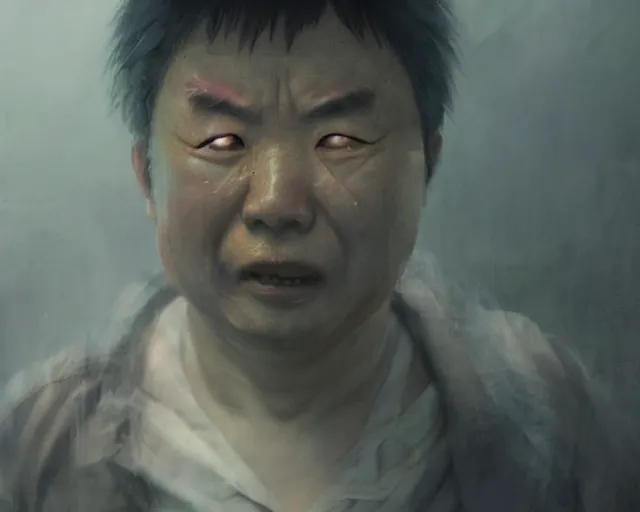 Image similar to a 50 year old brunnete chinese man with puffy cheeks bursting in tears on the floor, horror scene, dramatic, close up shot, anime art, Greg Rutkowski, studio ghibli, dramatic lighting