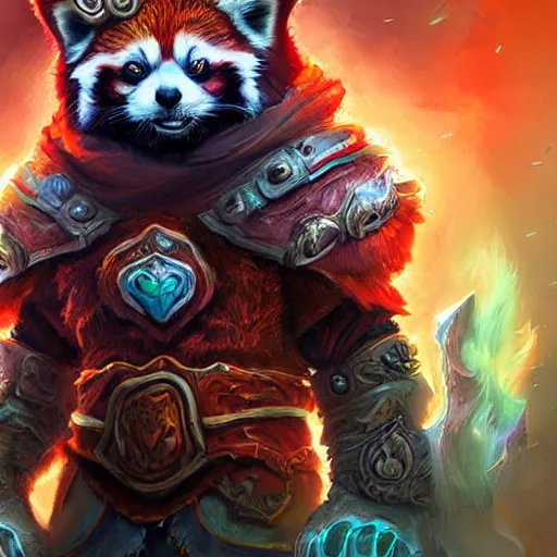 Prompt: red panda as lich king character, world of warcraft, digital illustration portrait design, by android jones and greg rutkowski, retrowave color scheme, detailed, cinematic lighting, wide angle action dynamic portrait