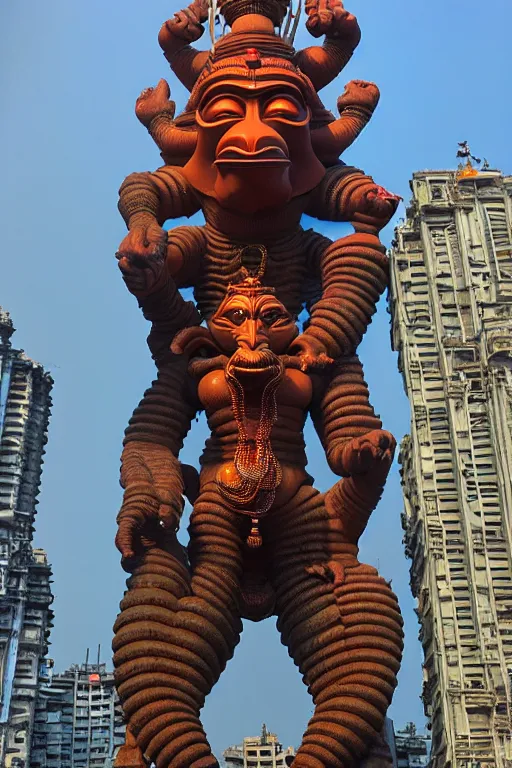 Image similar to high quality 3 d futuristic biomrphic hanuman! head building in mumbai!! centre, kalighat, highly detailed, cinematic smooth, berenice abbott & john j. park, dramatic warm morning light, long shot, low angle, uhd 8 k, sharp focus