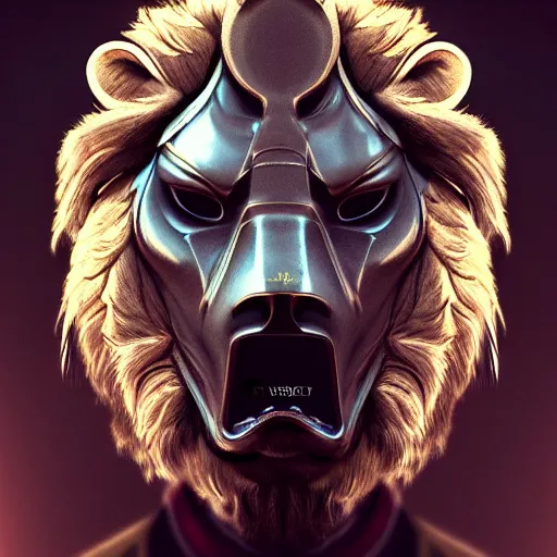 Image similar to Very very very very highly detailed epic zoom out photo of full face with lion robber venetian mask, intricate, dystopian, sci-fi, extremely detailed, digital painting, artstation, concept art, smooth, sharp focus, illustration, intimidating lighting, incredible art by Artgerm and Vincent di Fate