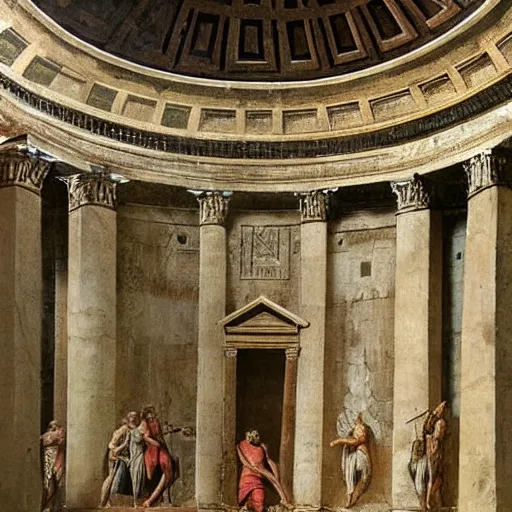 Prompt: ancient roman painting of the interior of the pantheon with a heroic warrior reaching towards the sky, created by sir julius ceasar