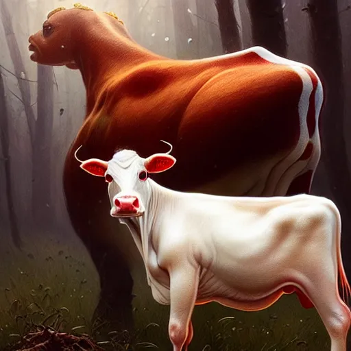 Prompt: many mushrooms sprouting from a cow's back. a cow with a red skin with white dots. highly detailed, digital painting, artstation, smooth, sharp focus, masterpiece, illustration, art by greg rutkowski and alphonse mucha