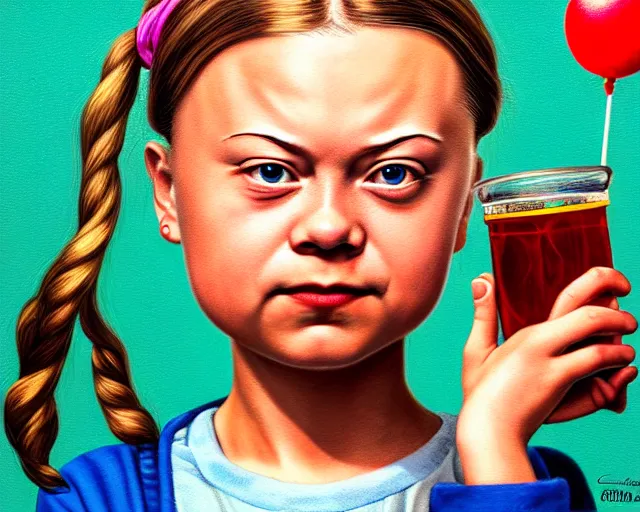 Image similar to closeup profile portrait of a greta thunberg drinking soda in a 1 9 5 0 s diner, nicoletta ceccoli, mark ryden, lostfish, max fleischer, hyper realistic, artstation, illustration, digital paint, matte paint, vivid colors, bright, cheerful, detailed and intricate environment