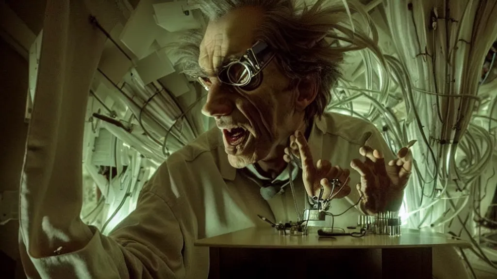 Image similar to a mad scientist creates a creature, film still from the movie directed by denis villeneuve and david cronenberg with art direction by salvador dali and karol bak, wide lens