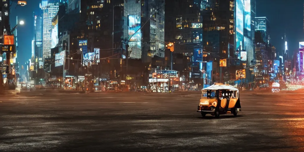 Image similar to a tuk tuk walking through a desolate manhattan city street at night statue of liberty seen in the background realistic 4 k octane beautiful