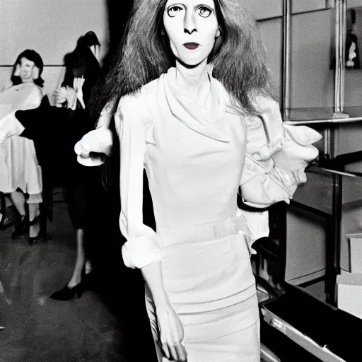 Prompt: Uptight tall, slender, pale, stringy red hair, big eyes, pancake makeup, bored English shipping heiress Folio Smythe at party for the Financial Times, 35mm photo, 1975