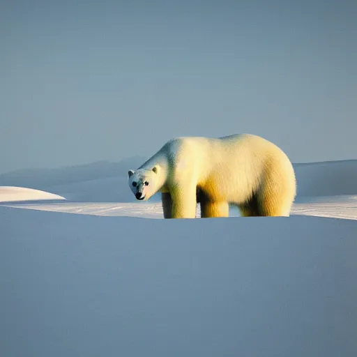 Image similar to photography of a polar bear in the desert, VFX, cinematic, rule of thirds, golden ratio, evening