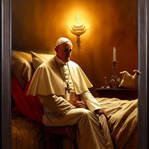 Image similar to the pope is in his bed, nervous and terrified, because a double horned shadow demon from hell lingers across the bed. highly detailed painting by gaston bussiere, j. c. leyendecker, greg rutkowski, craig mullins 8 k