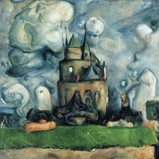 Image similar to by kenne gregoire, by chaim soutine rich details, dignified danny phantom, hunter green. a beautiful art installation of a castle in the clouds.