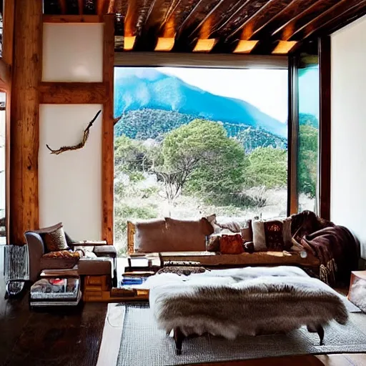 Image similar to “extravagant luxury mountain home, modern rustic, Japanese and Scandinavian influences, at sunrise”