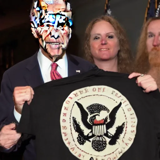 Image similar to Joe Biden wearing a \'Cradle of Filth\' T-Shirt