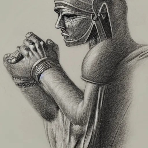 Image similar to on the head of a warrior, lies the hand of a mummy, pencil drawing, engraving, simple drawing, few details