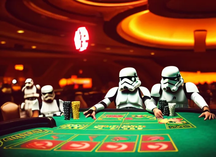 Image similar to a photo of two stormtroopers playing roulette in las vegas casino, ultra wide shot, 2 4 mm, bokeh, blurred background, colorful lights, golden ratio, sci fi, fantasy, cyberpunk, intricate, decadent, highly detailed, digital painting, octane render, artstation, concept art, smooth, sharp focus, illustration, art by loish, wlop