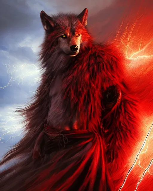 Image similar to oil painting of Anthropomorphized Wolf Shaman holding long magical lightning staff, wearing red fur cloak, sharp focus, lightning storm background, magical aura, heroic pose, fantasy style, octane render, volumetric lighting, 8k high definition, by greg rutkowski, highly detailed, trending on art Station, magic the gathering artwork, Lightning storm background, centered, dramatic artwork